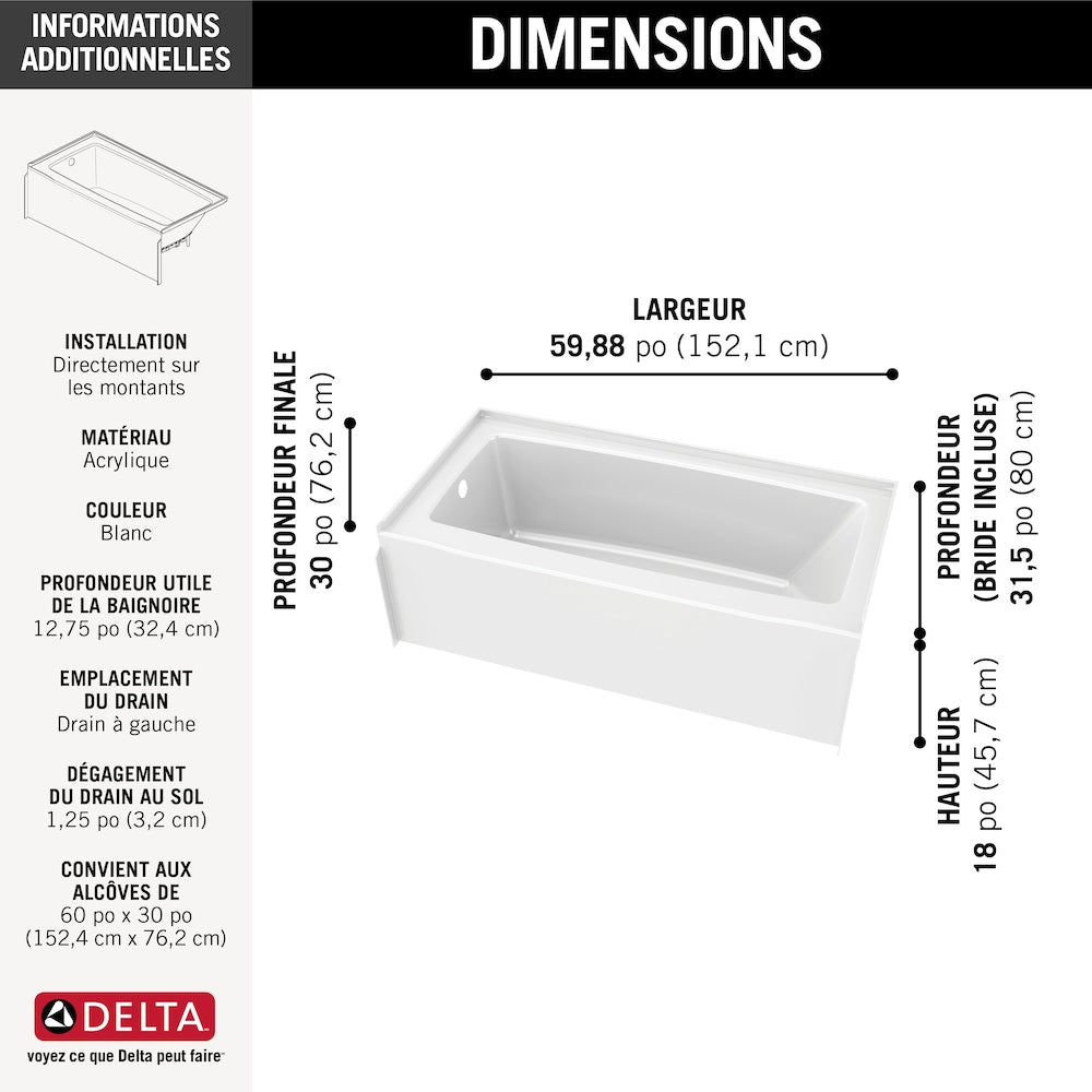 Classic 500 60 in. x 30 in. Left Drain Rectangular Alcove Bathtub in High Gloss White