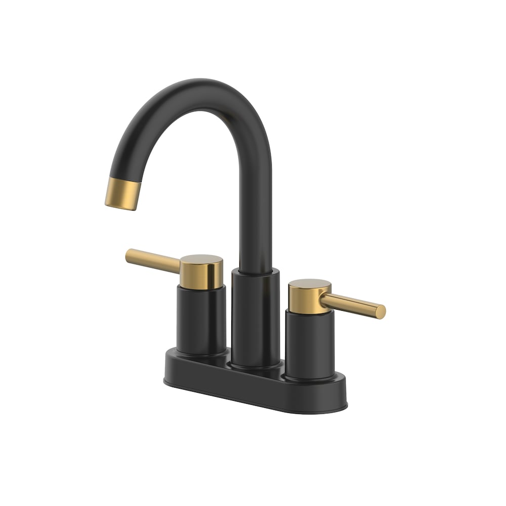 Robinet de salle de bain à arc élevé à deux poignées et à ensemble central Dorind de 4 po en noir mat et or mat