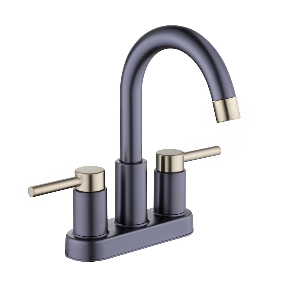 Robinet de salle de bain à arc élevé à deux poignées et à ensemble central Dorind de 4 po en noir mat et or mat