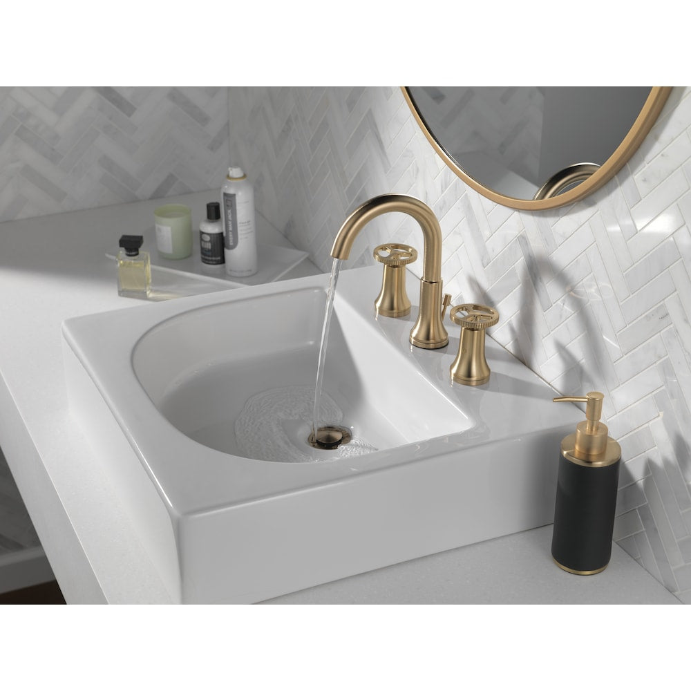 Robinet de lavabo de salle de bain WaterSense à 2 poignées et à large entraxe de 8 pouces de Trinsic en bronze champagne