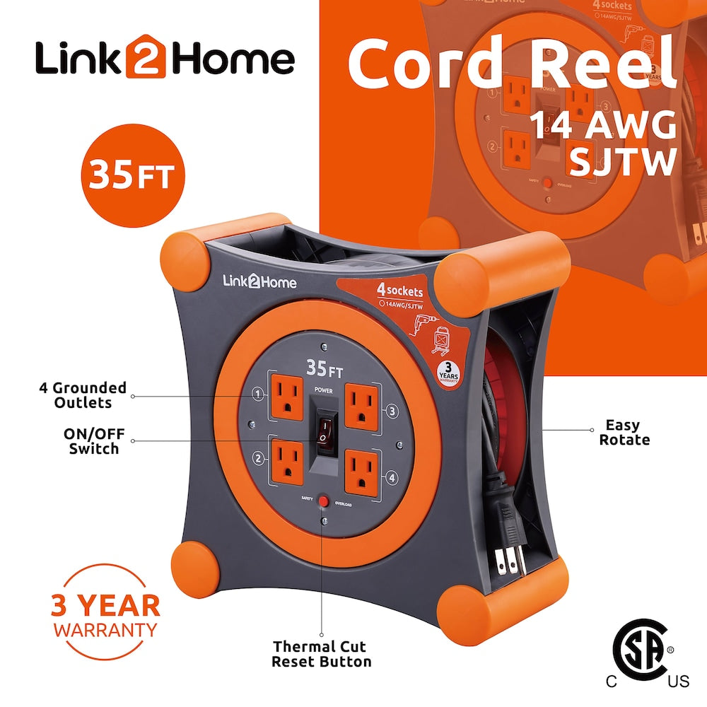 Cord Reel 35 ft. Extension Cord 4 Power Outlets - 14 AWG SJTW Cable