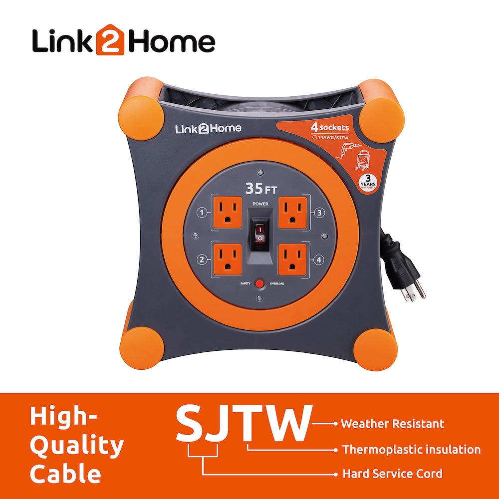Cord Reel 35 ft. Extension Cord 4 Power Outlets - 14 AWG SJTW Cable