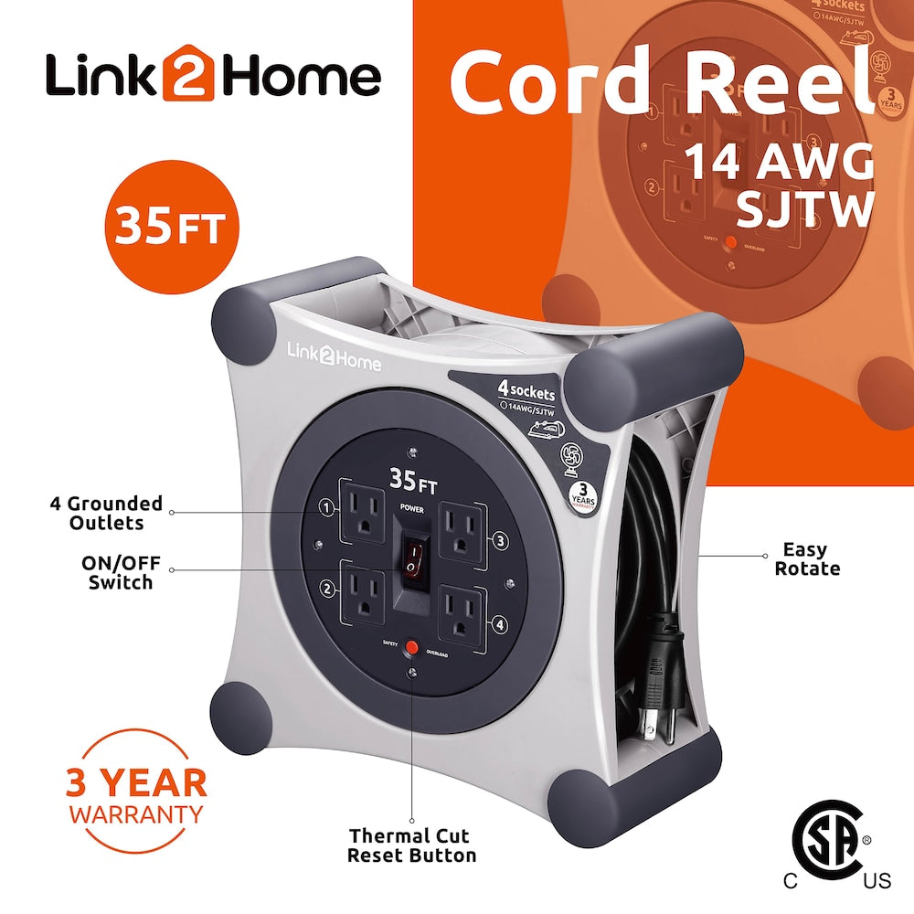 Cord Reel 35 ft. Extension Cord 4 Power Outlets - 14 AWG SJTW Cable