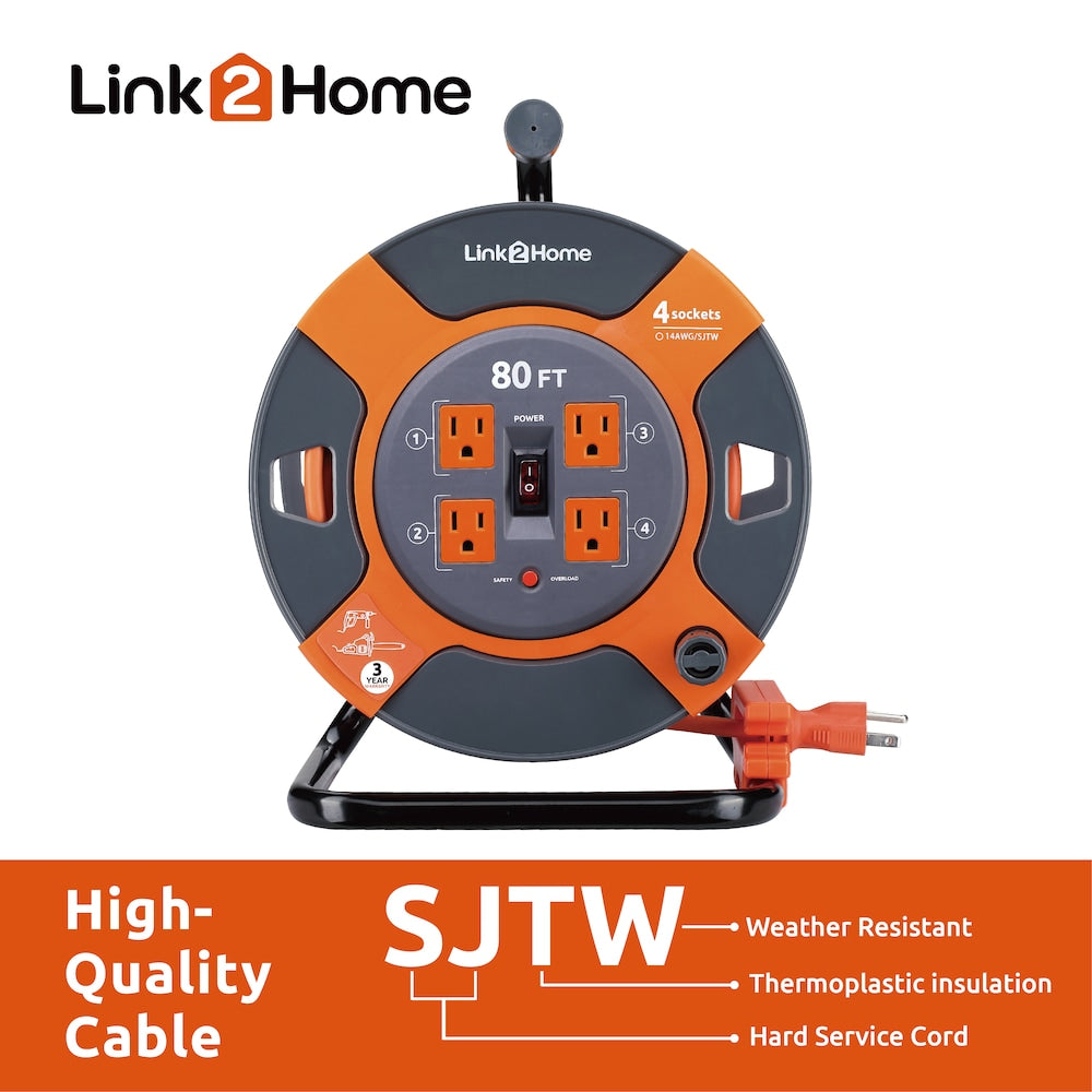 Cord Reel 80 ft. Extension Cord 4 Power Outlets - 14 AWG SJTW Cable