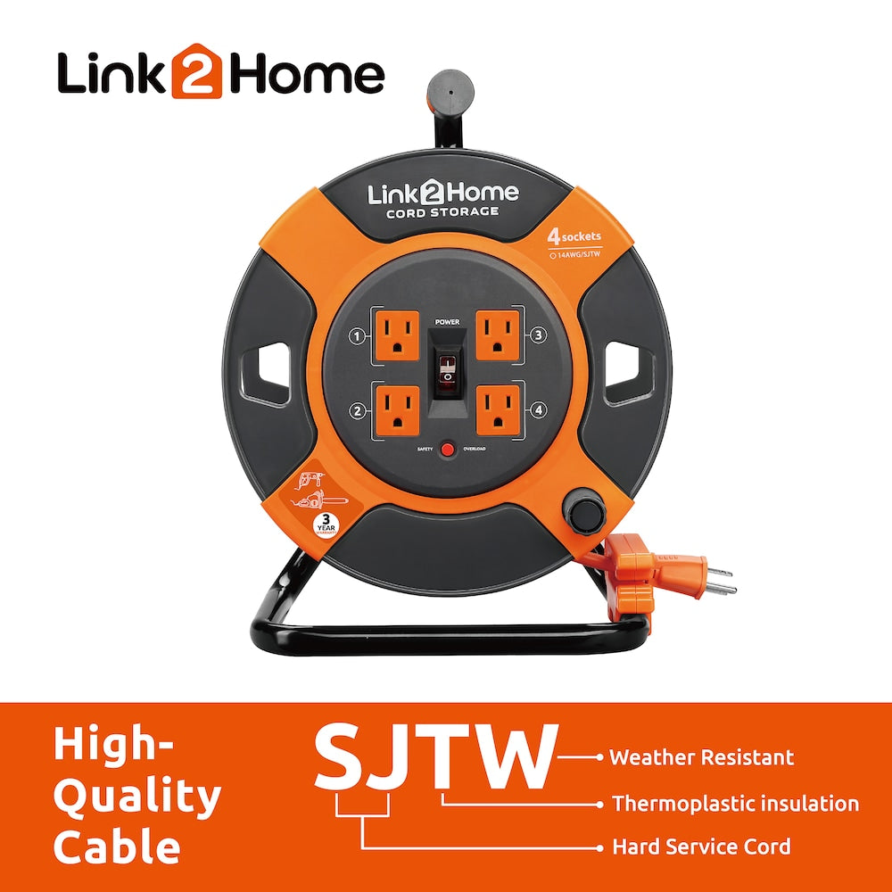 Cord Reel Cable Management 3 ft. 4 Power Outlets - 14 AWG SJTW Cable