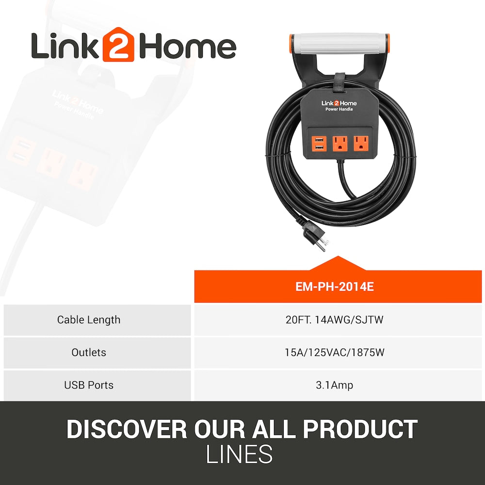 Power Handle 20 ft. Extension Cord 2 Power Outlets with USB - 14 AWG SJT Cable