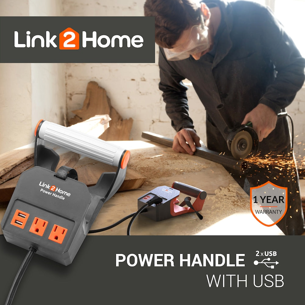 Power Handle 20 ft. Extension Cord 2 Power Outlets with USB - 14 AWG SJT Cable