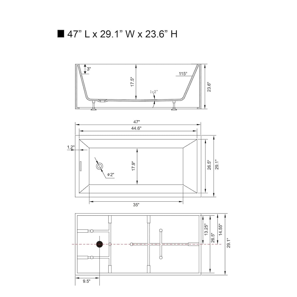 Vannes 47 inch Acrylic Flatbottom Freestanding Bathtub in White