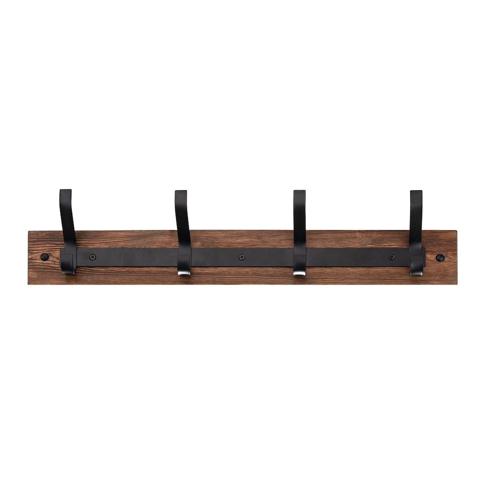 21 1/8-inch (535 mm) Utility Wood Hook Rack with 4 Metal Coat Hooks, Rustic Wood and Matte Black Finish