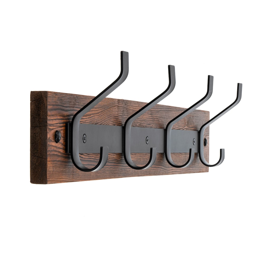 21 1/8-inch (535 mm) Utility Wood Hook Rack with 4 Metal Coat Hooks, Rustic Wood and Matte Black Finish