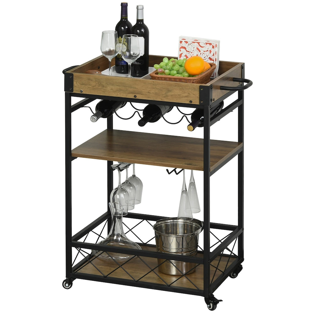 Chariot de bar à roulettes de 30,25 pouces de largeur avec plateau de service pour 5 bouteilles de vin en marron