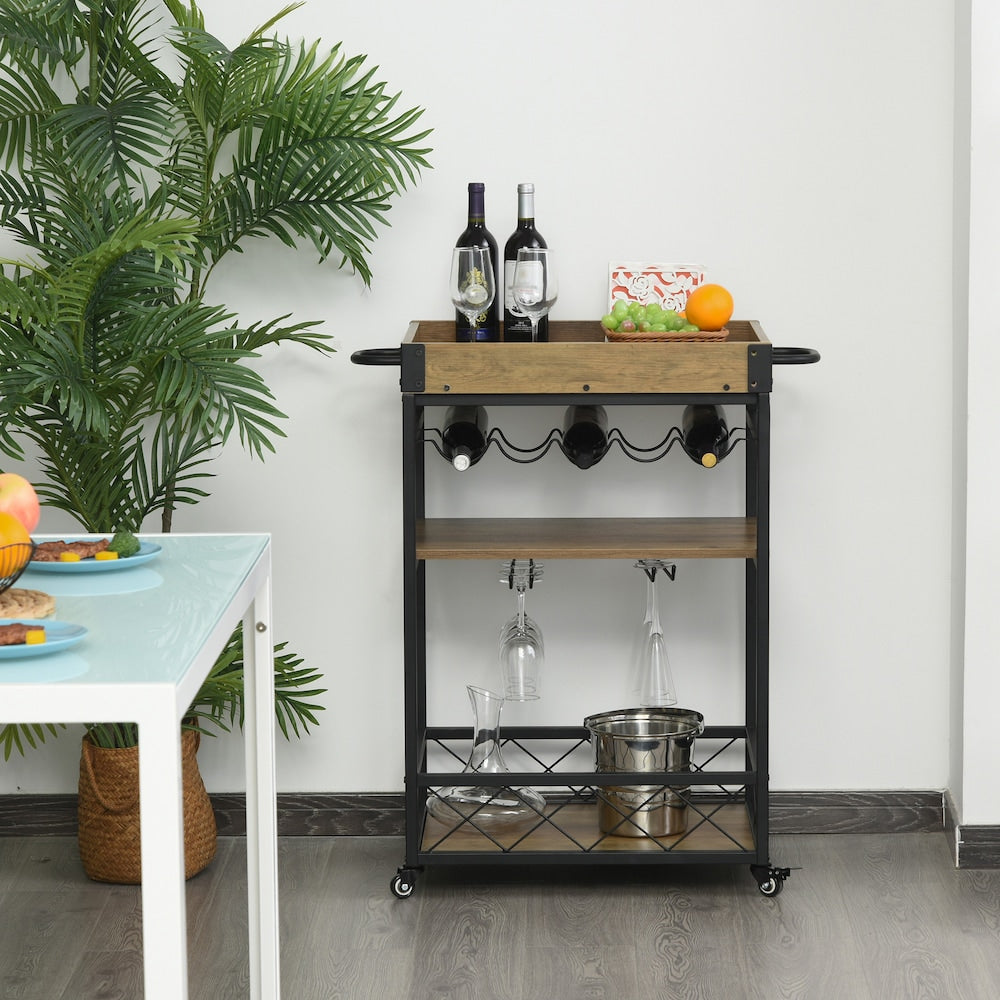 Chariot de bar à roulettes de 30,25 pouces de largeur avec plateau de service pour 5 bouteilles de vin en marron