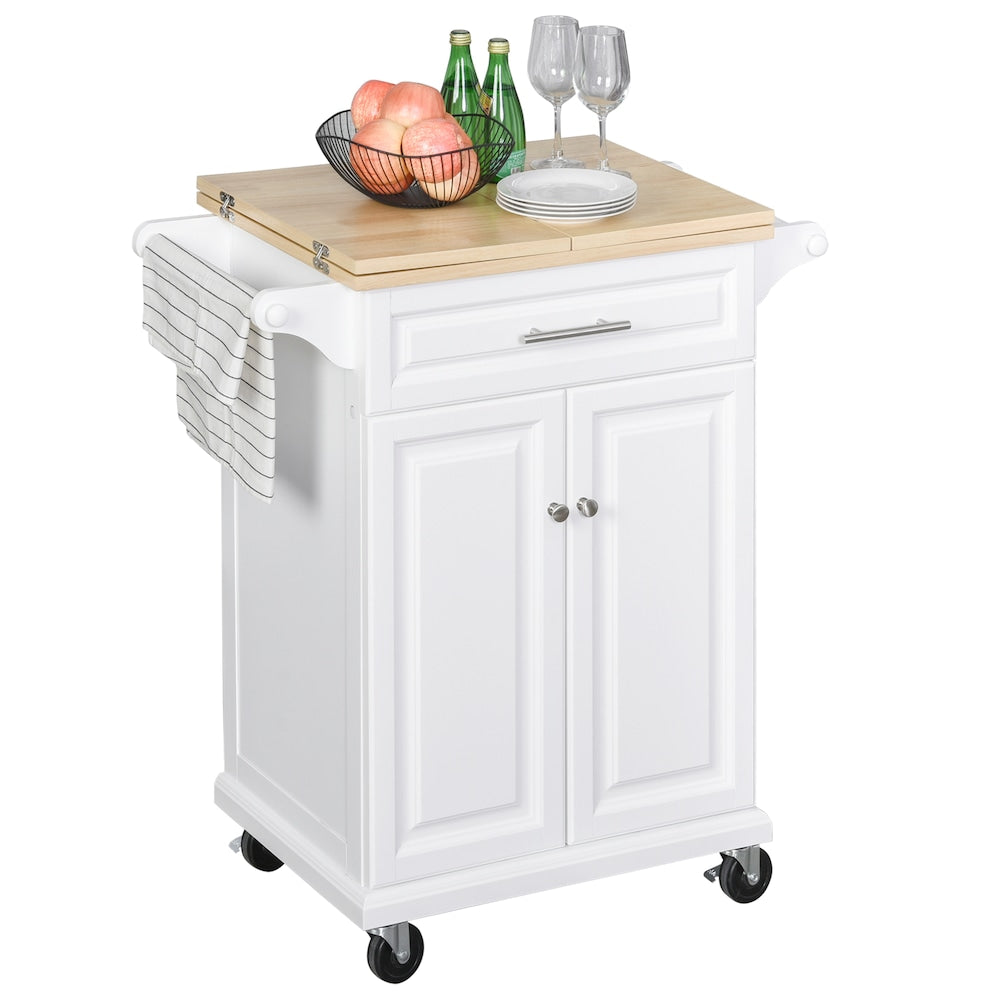 Chariot de cuisine sur roulettes de 47 pouces de largeur avec tiroir de comptoir allongé et porte-serviettes en blanc