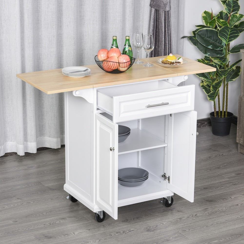 Chariot de cuisine sur roulettes de 47 pouces de largeur avec tiroir de comptoir allongé et porte-serviettes en blanc