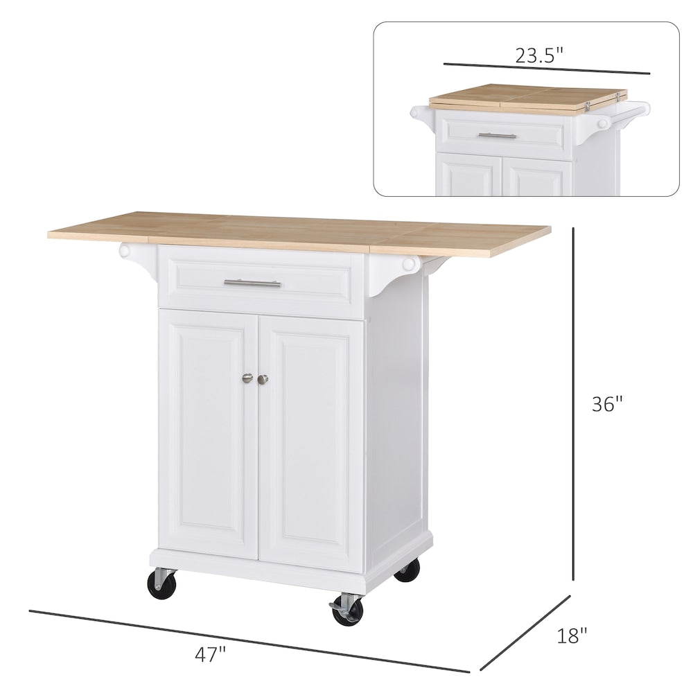 Chariot de cuisine sur roulettes de 47 pouces de largeur avec tiroir de comptoir allongé et porte-serviettes en blanc