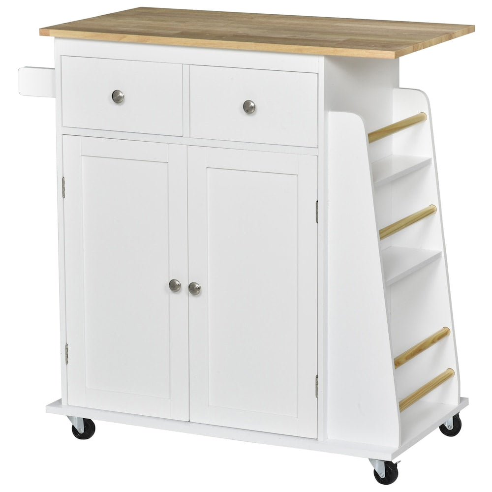 Chariot de cuisine à roulettes de 35 pouces de largeur avec plateau en bois d'hévéa et grand support à épices en blanc
