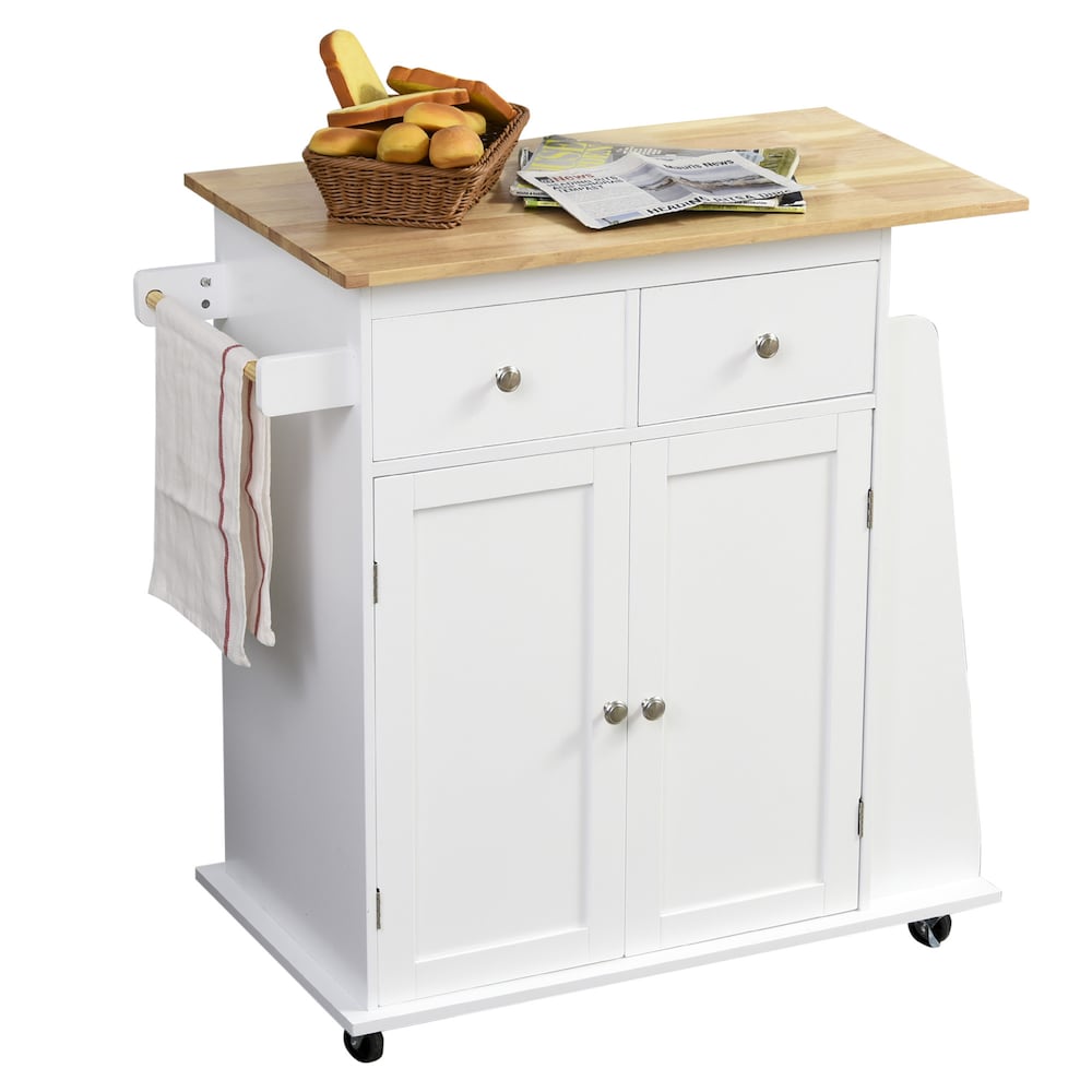 Chariot de cuisine à roulettes de 35 pouces de largeur avec plateau en bois d'hévéa et grand support à épices en blanc