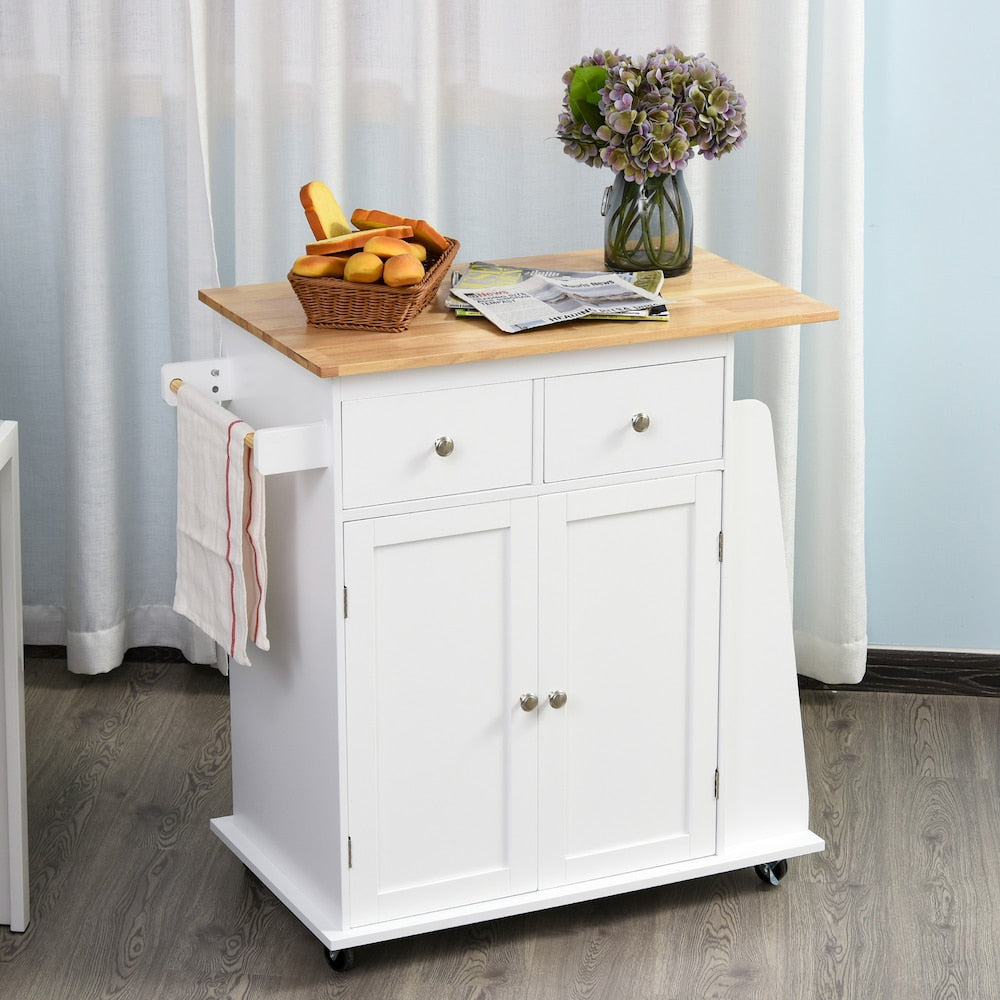 Chariot de cuisine à roulettes de 35 pouces de largeur avec plateau en bois d'hévéa et grand support à épices en blanc