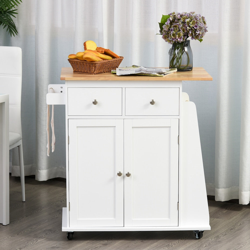 Chariot de cuisine à roulettes de 35 pouces de largeur avec plateau en bois d'hévéa et grand support à épices en blanc