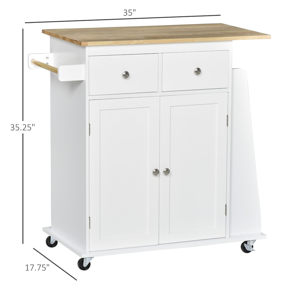 Chariot de cuisine à roulettes de 35 pouces de largeur avec plateau en bois d'hévéa et grand support à épices en blanc