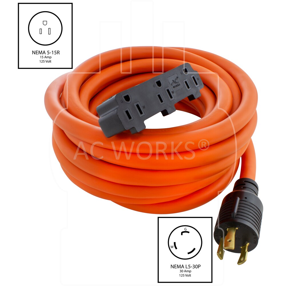 25ft L5-30P 30 Amp 3-Prong Generator Locking Plug to Household Tri-Outlets