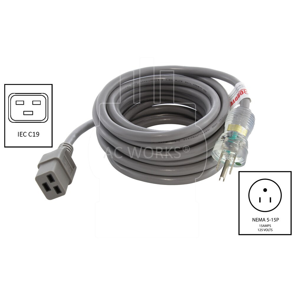 15ft 14/3 15A Medical Grade Power Cord With IEC C19 Connector