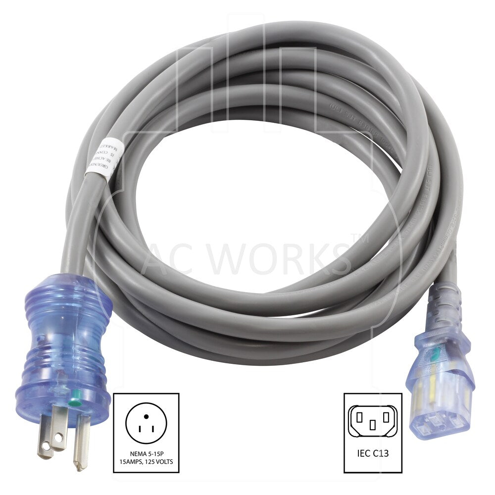 10ft 15 Amp 14/3 Medical/Hospital Grade Power Cord to IEC C13 End