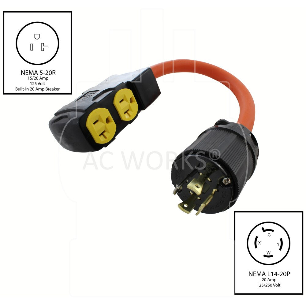 1.5FT L14-20P 20A 4-Prong Locking Plug to (4) Home Outlets with 20A Breaker