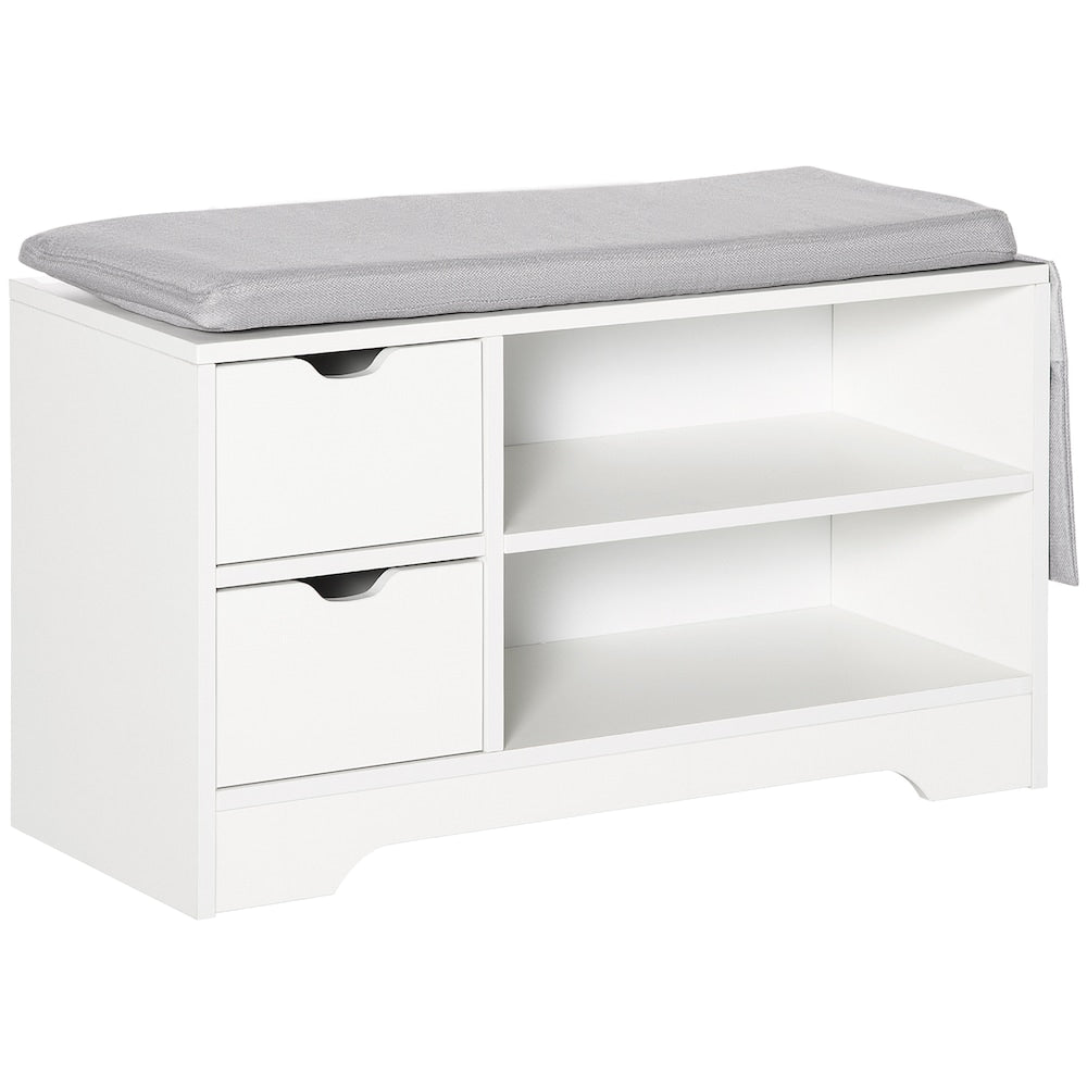 Banc de rangement à chaussures rembourré avec tiroirs, étagères et poche latérale, blanc