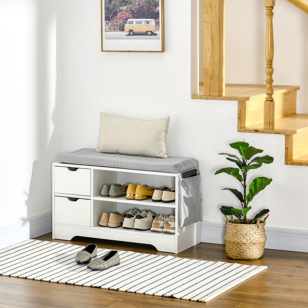 Banc de rangement à chaussures rembourré avec tiroirs, étagères et poche latérale, blanc