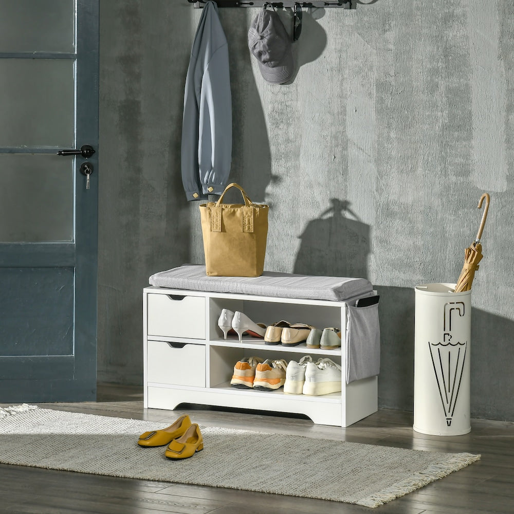 Banc de rangement à chaussures rembourré avec tiroirs, étagères et poche latérale, blanc