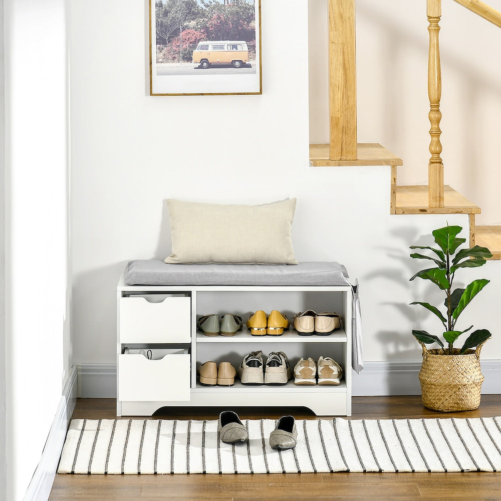 Banc de rangement à chaussures rembourré avec tiroirs, étagères et poche latérale, blanc