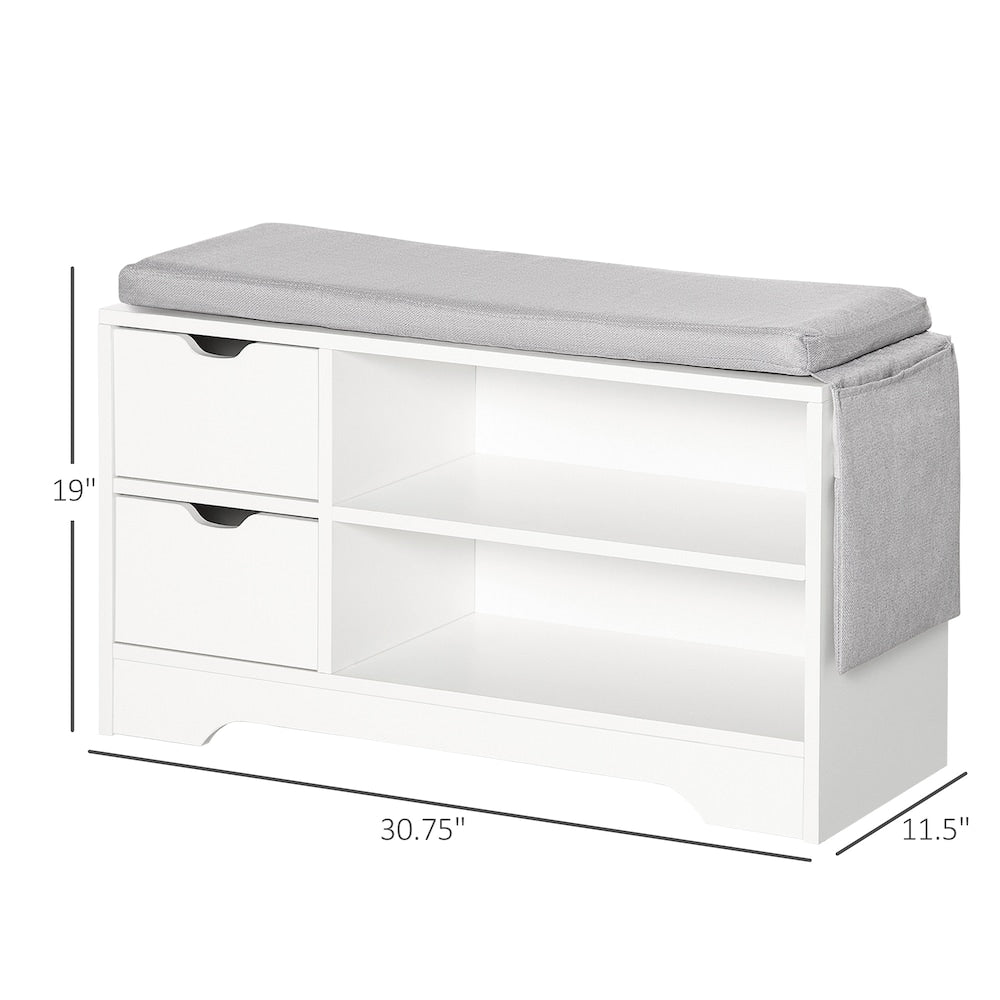 Banc de rangement à chaussures rembourré avec tiroirs, étagères et poche latérale, blanc