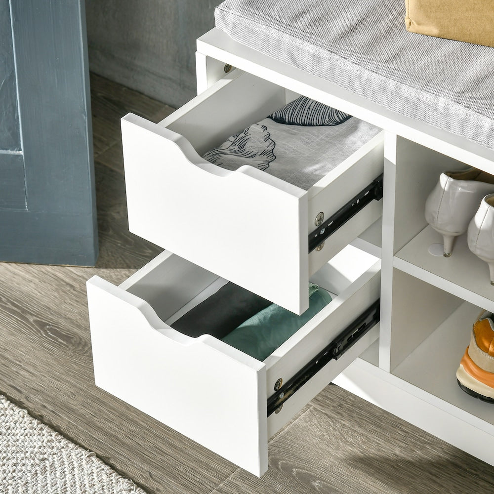 Banc de rangement à chaussures rembourré avec tiroirs, étagères et poche latérale, blanc