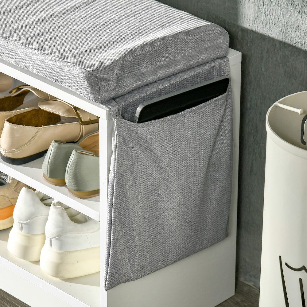 Banc de rangement à chaussures rembourré avec tiroirs, étagères et poche latérale, blanc