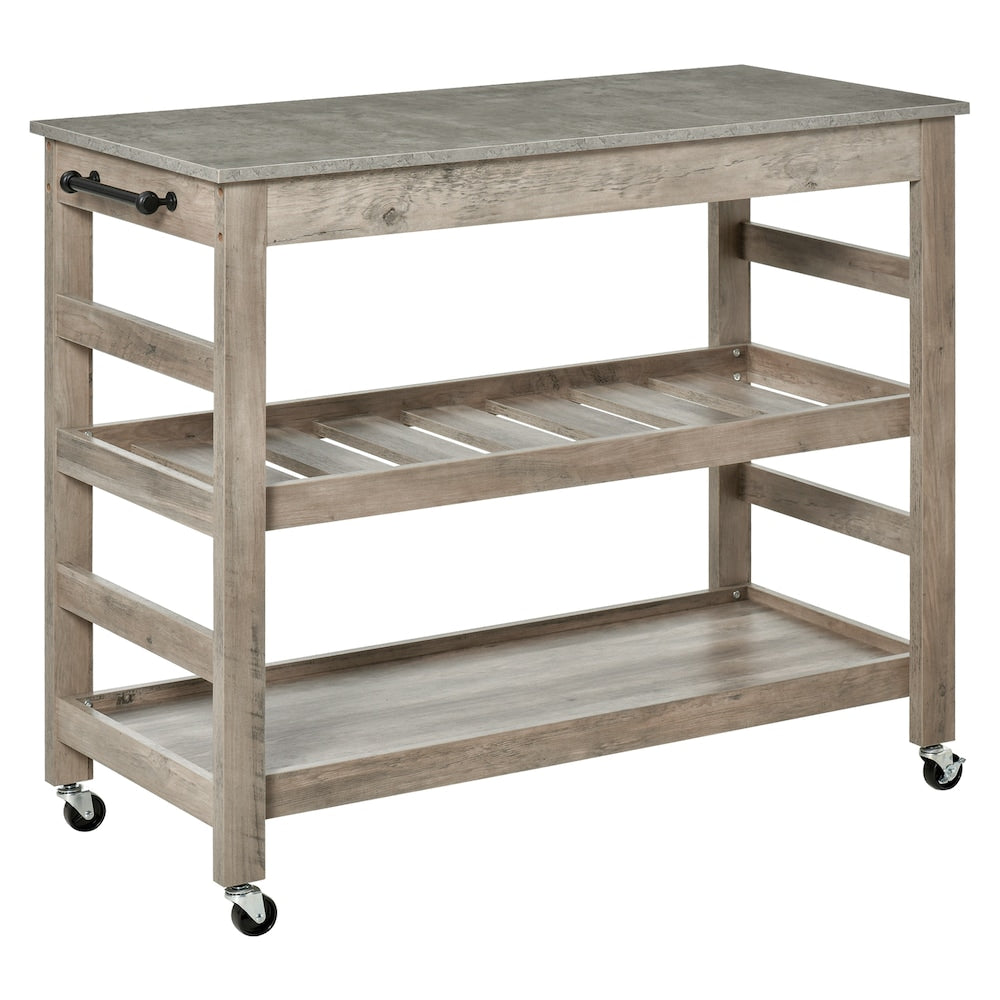 Chariot de cuisine à roulettes avec plateau en MDF de 42,5 pouces de largeur et îlot de cuisine avec chariot utilitaire et casier à vin en gris