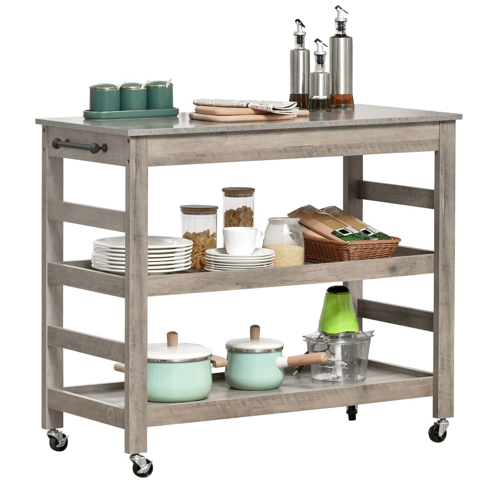 Chariot de cuisine à roulettes avec plateau en MDF de 42,5 pouces de largeur et îlot de cuisine avec chariot utilitaire et casier à vin en gris