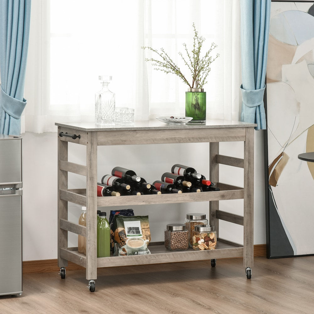 Chariot de cuisine à roulettes avec plateau en MDF de 42,5 pouces de largeur et îlot de cuisine avec chariot utilitaire et casier à vin en gris