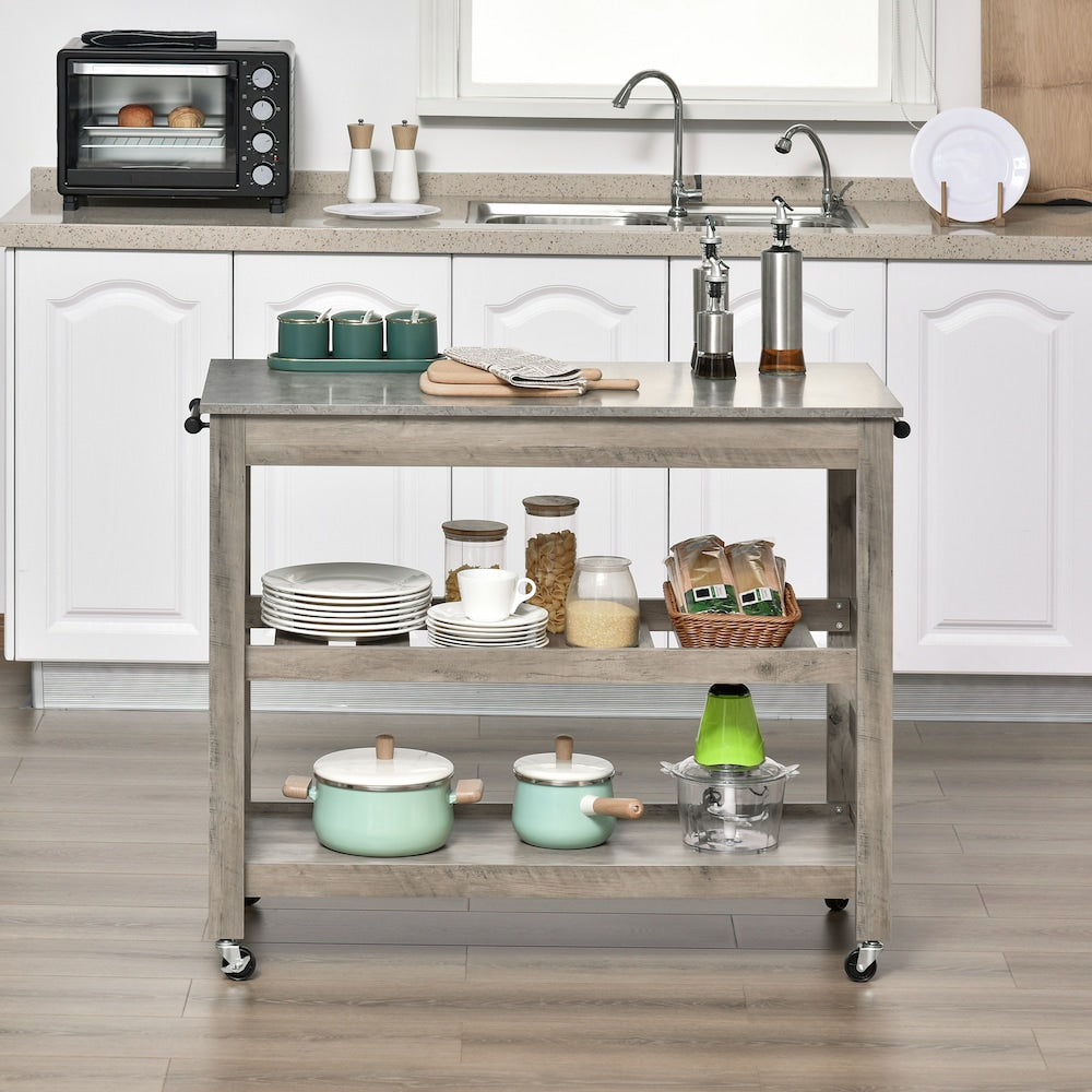 Chariot de cuisine à roulettes avec plateau en MDF de 42,5 pouces de largeur et îlot de cuisine avec chariot utilitaire et casier à vin en gris