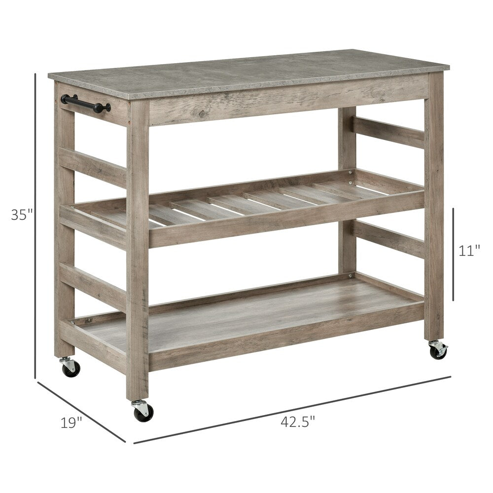 Chariot de cuisine à roulettes avec plateau en MDF de 42,5 pouces de largeur et îlot de cuisine avec chariot utilitaire et casier à vin en gris