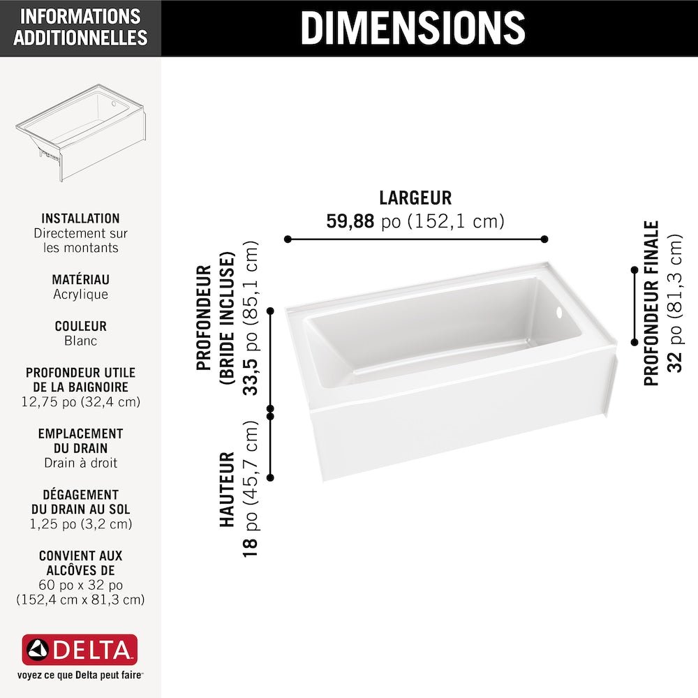 Classic 500 60 in. x 32 in. Right Drain Rectangular Alcove Bathtub in High Gloss White