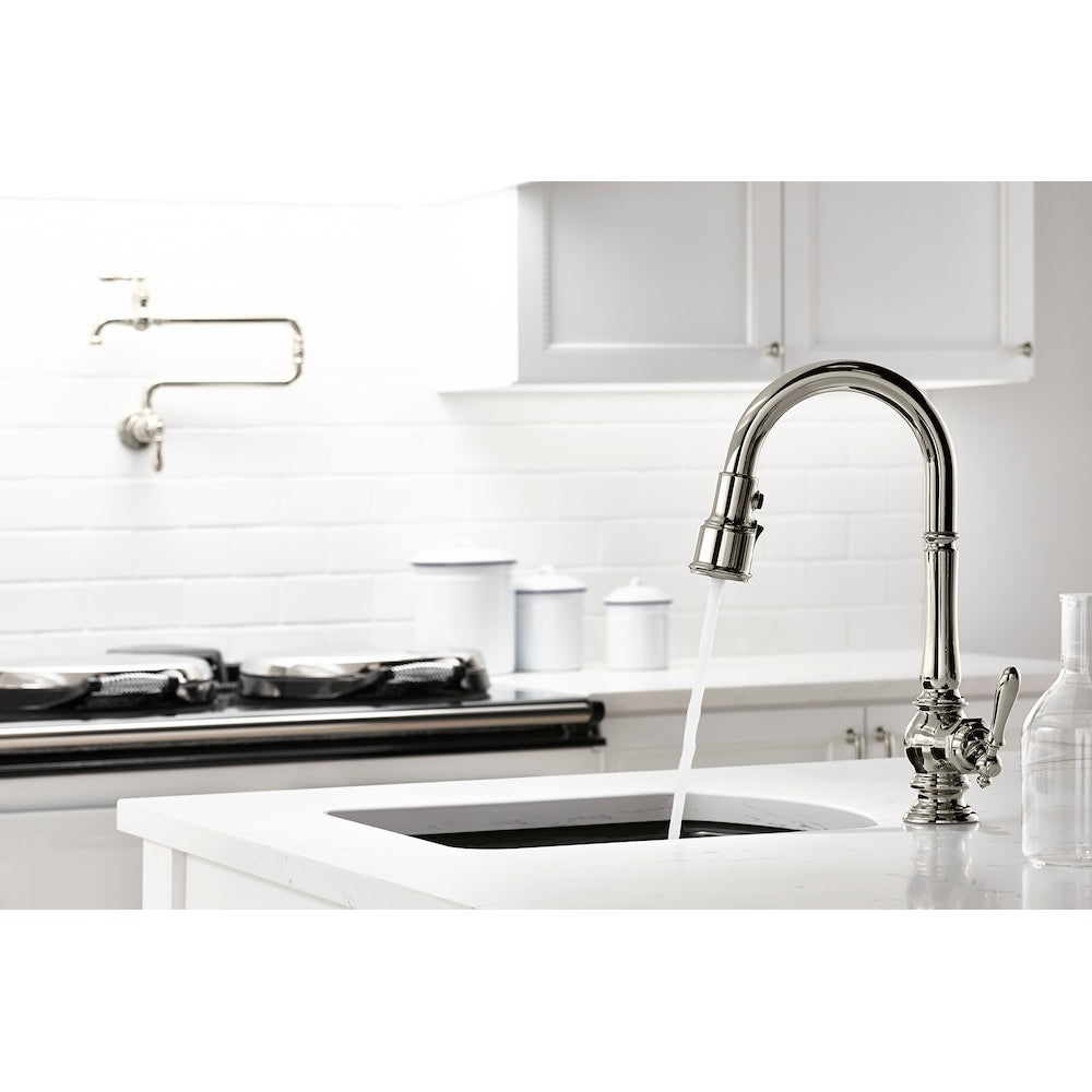 Artifacts Single-Handle Pull-Down Sprayer Kitchen Faucet in Polished Chrome