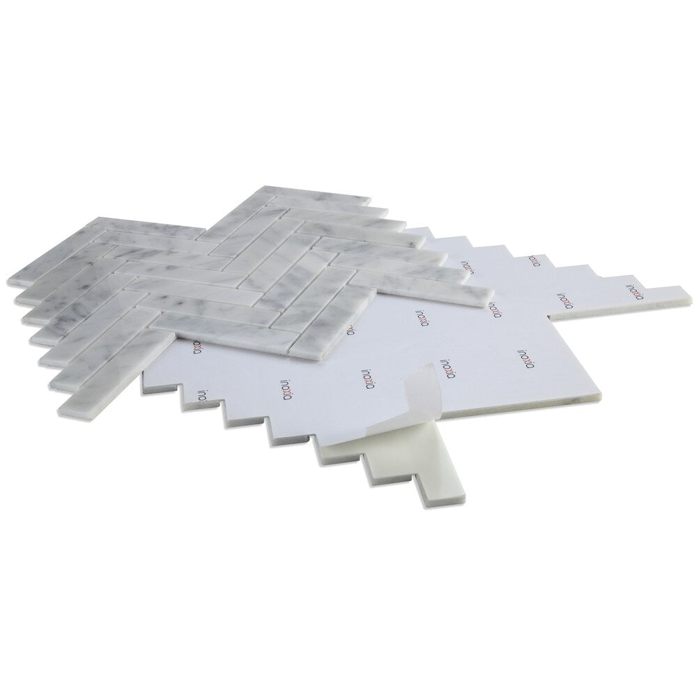 Échantillon à emporter - Carreaux autocollants en marbre blanc Oahu, 4 po x 4 po x 5 mm (0,11 pi2/unité)