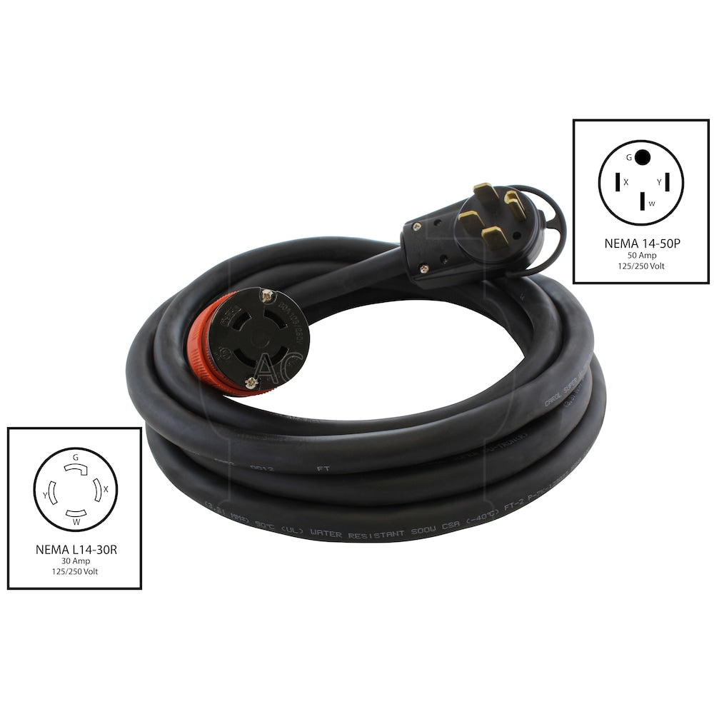 50ft 14-50P 50A Plug to L14-30R 4-Prong 30A Generator Locking Connector