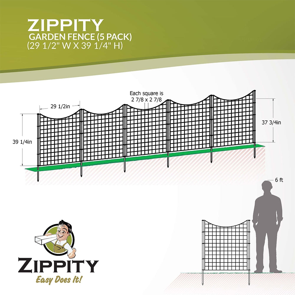 Garden Fence (39" Black Metal) No-Dig Zippity Outdoor Products WF29006 (5 Panels With Stakes)