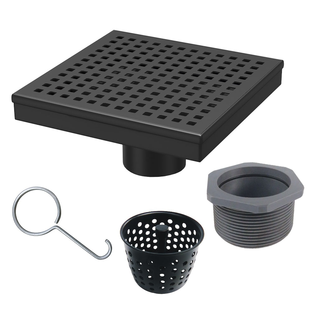 Drain de douche noir mat de 6 po x 6 po avec couvercle de drain à motif carré