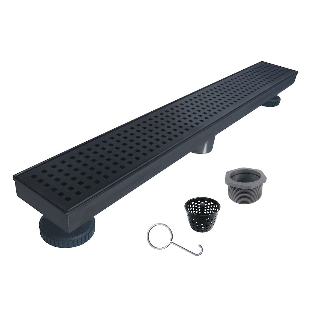 Drain de douche linéaire noir mat de 24 pouces avec couvercle de drain à motif carré