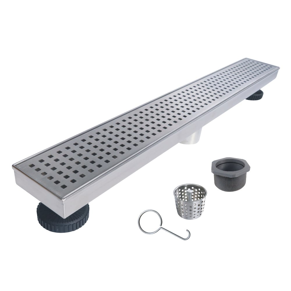 Drain de douche linéaire en acier inoxydable de 24 po avec couvercle de drain à motif carré