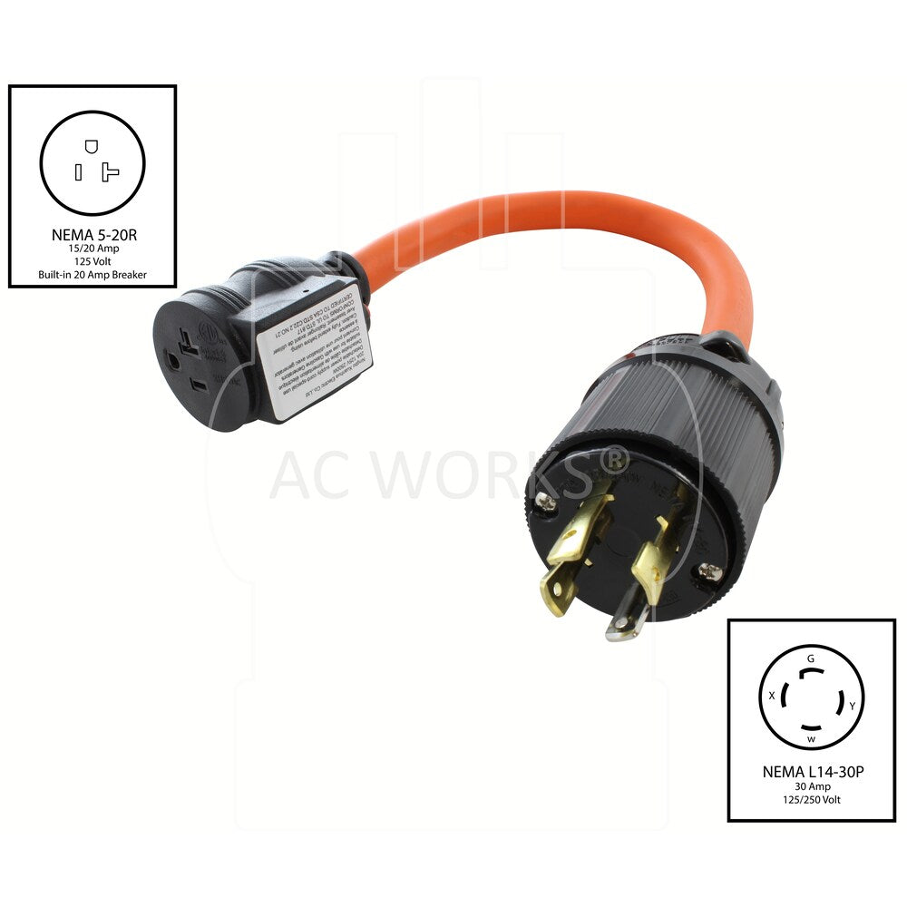 1.5FT 30A 4-Prong L14-30P Locking Plug to Household Outlet with 20A Breaker