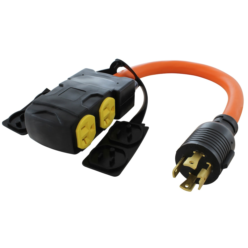 1.5FT L14-30P 30A 4-Prong Locking Plug to (4) Home Outlets with 20A Breaker